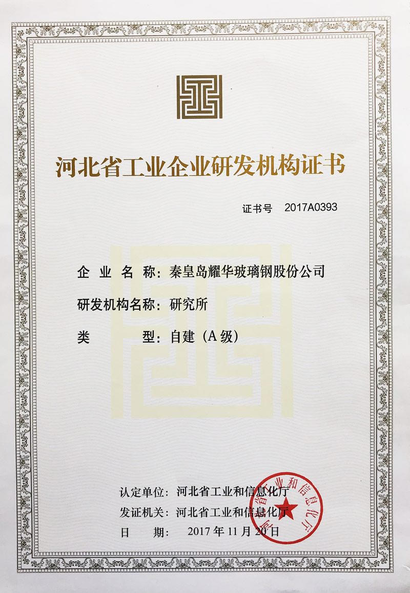 Hebei Province Industrial Enterprise R&D Organization Certificate